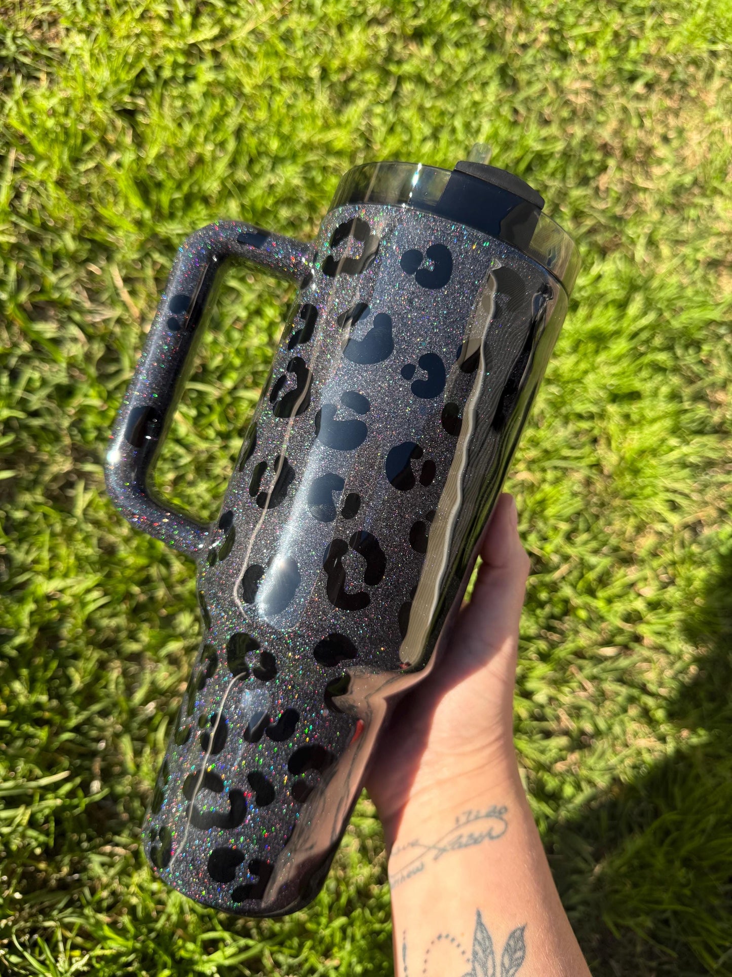 Customized Stanley Tumbler: Black Leopard Holographic Glitter, Personalized Gift