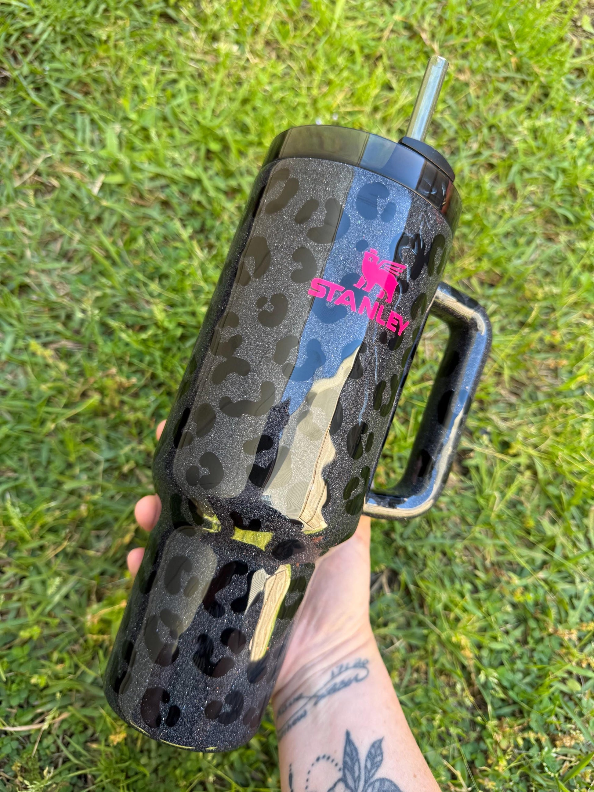 Customized Stanley Tumbler: Black Leopard Holographic Glitter, Personalized Gift