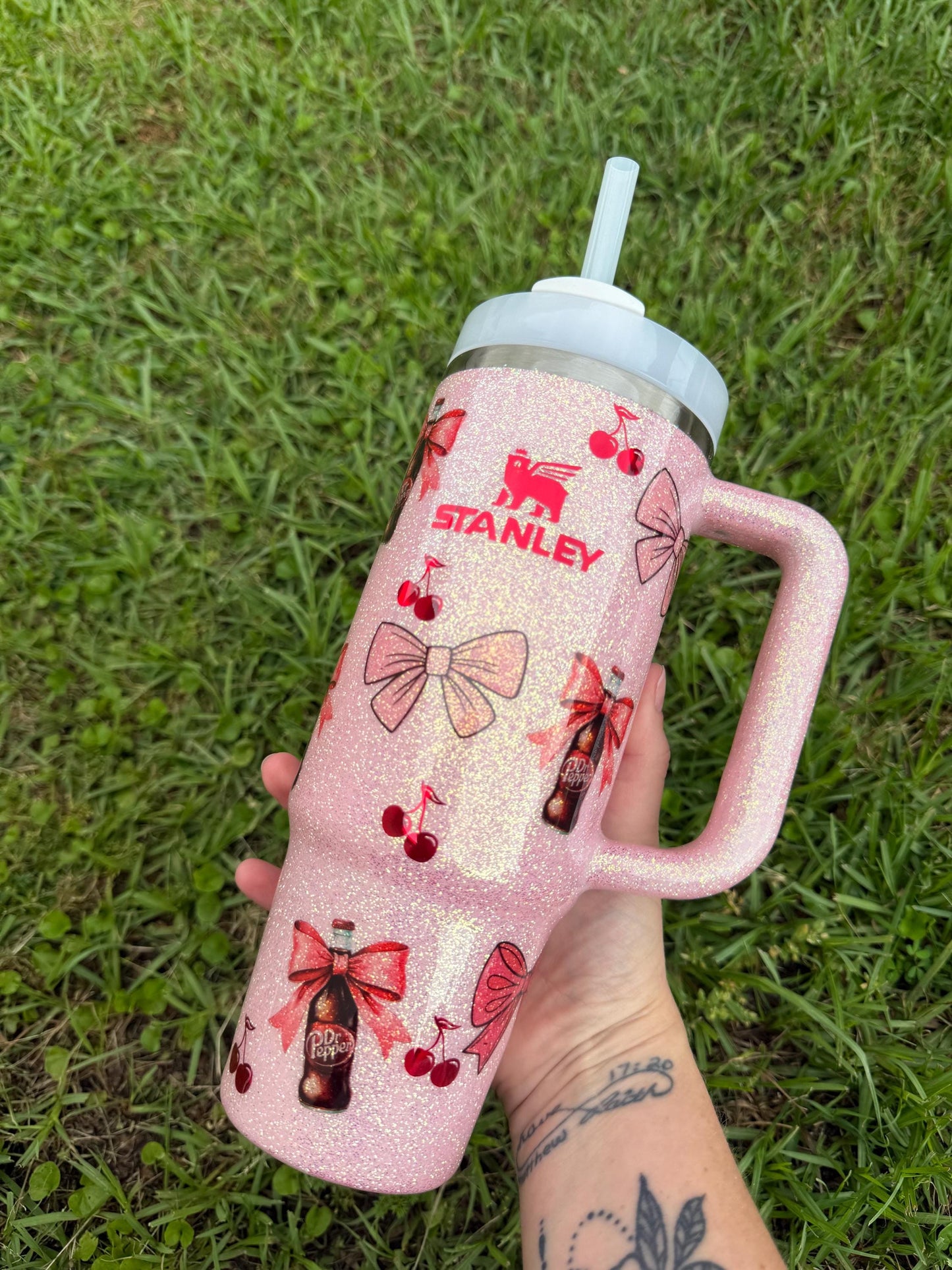 Dr. Pepper Stanley Tumbler: Glitter Coquette Style