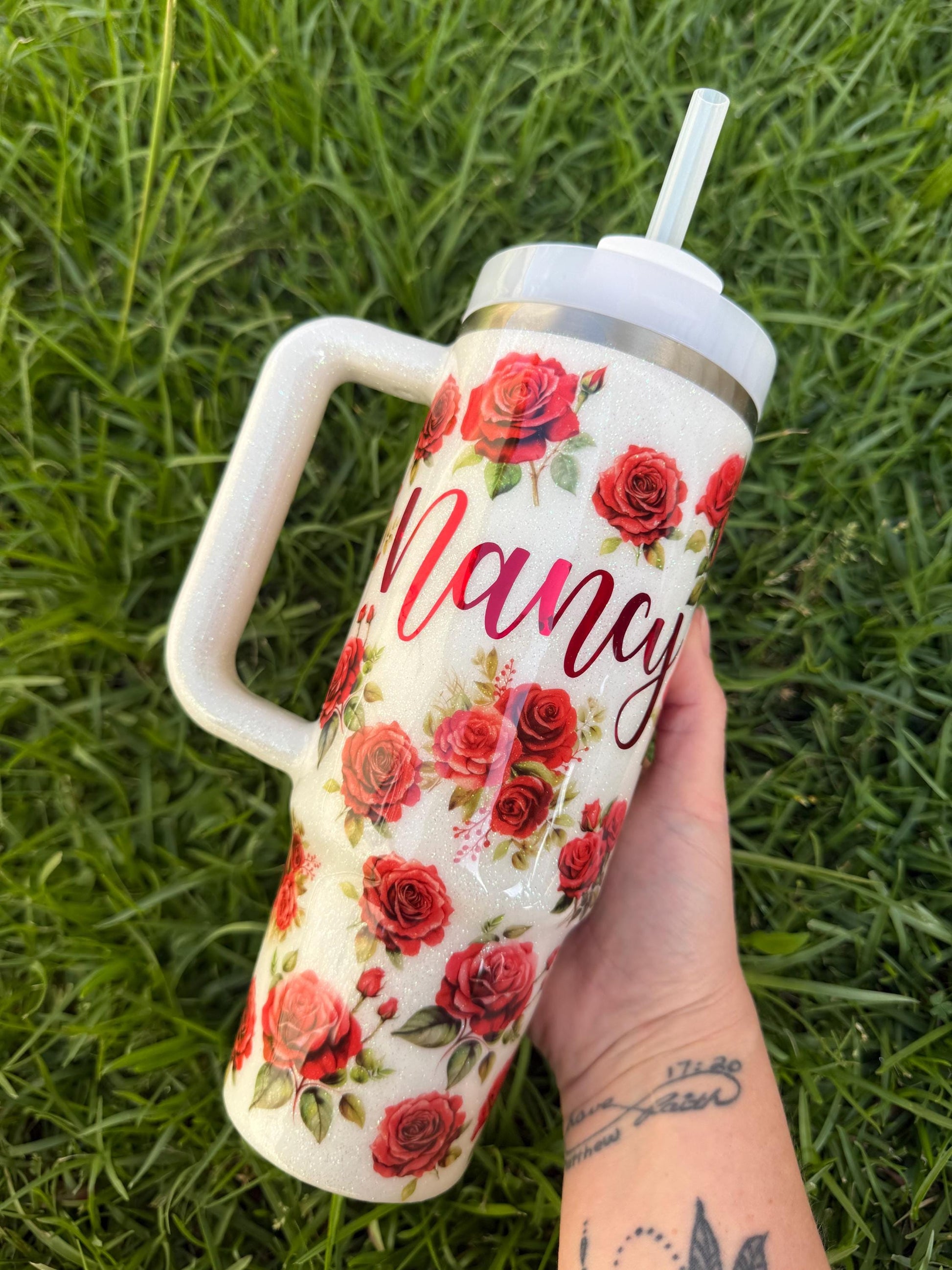 Custom Red Rose Stanley Tumbler 40oz: Personalized Floral Glitter Hydrojug
