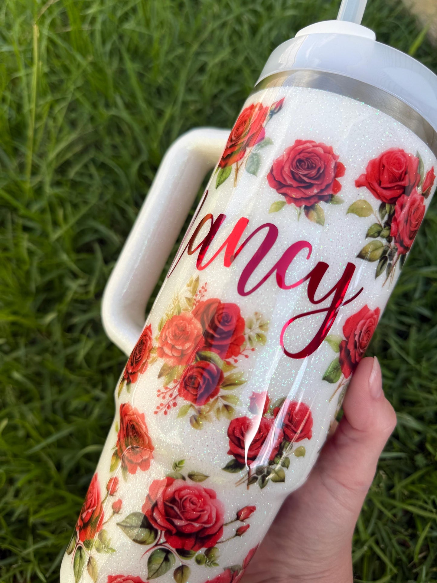 Custom Red Rose Stanley Tumbler 40oz: Personalized Floral Glitter Hydrojug