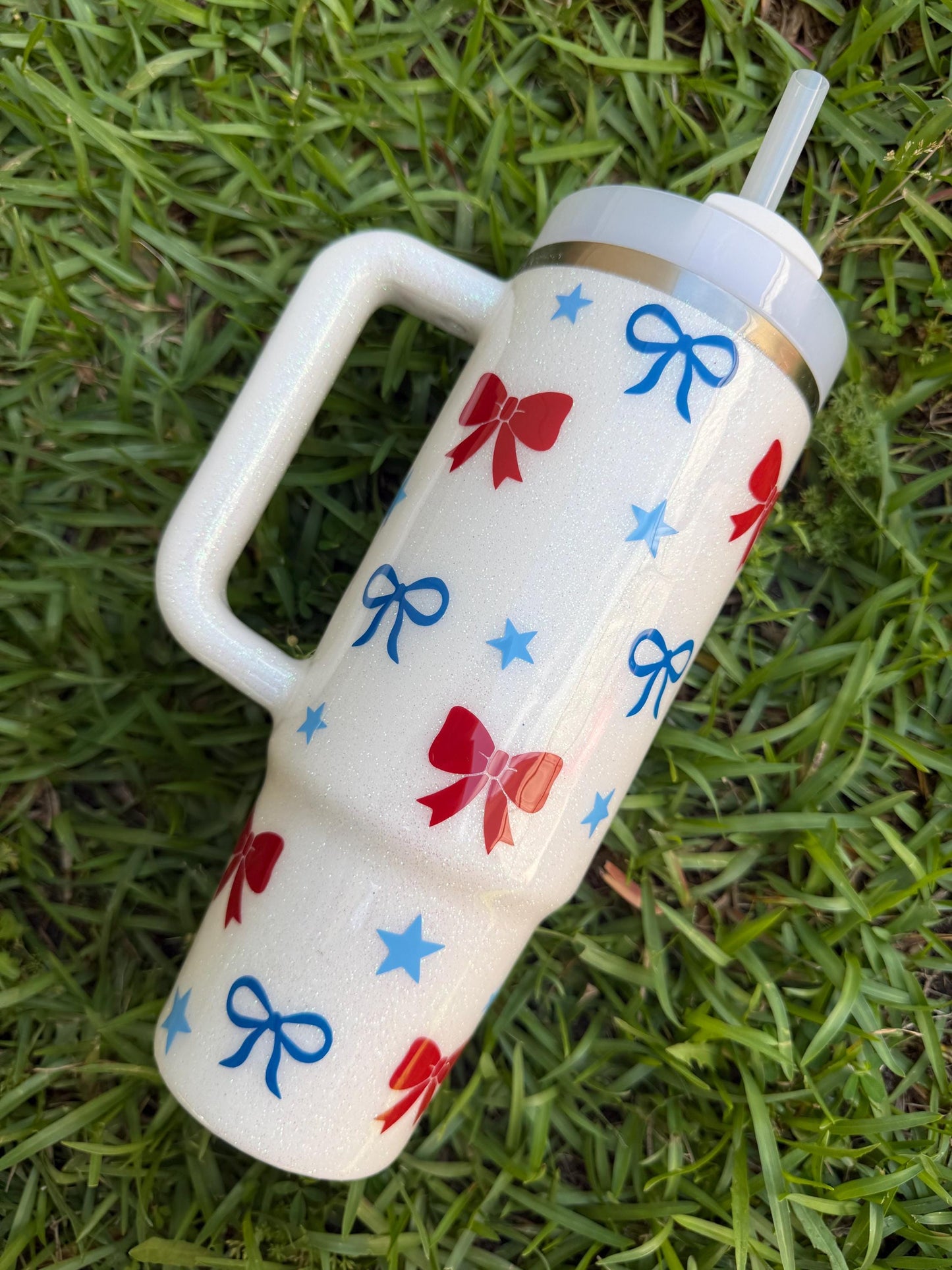 Custom Glitter Stanley Tumbler: Patriotic Bows, Personalized American Flag
