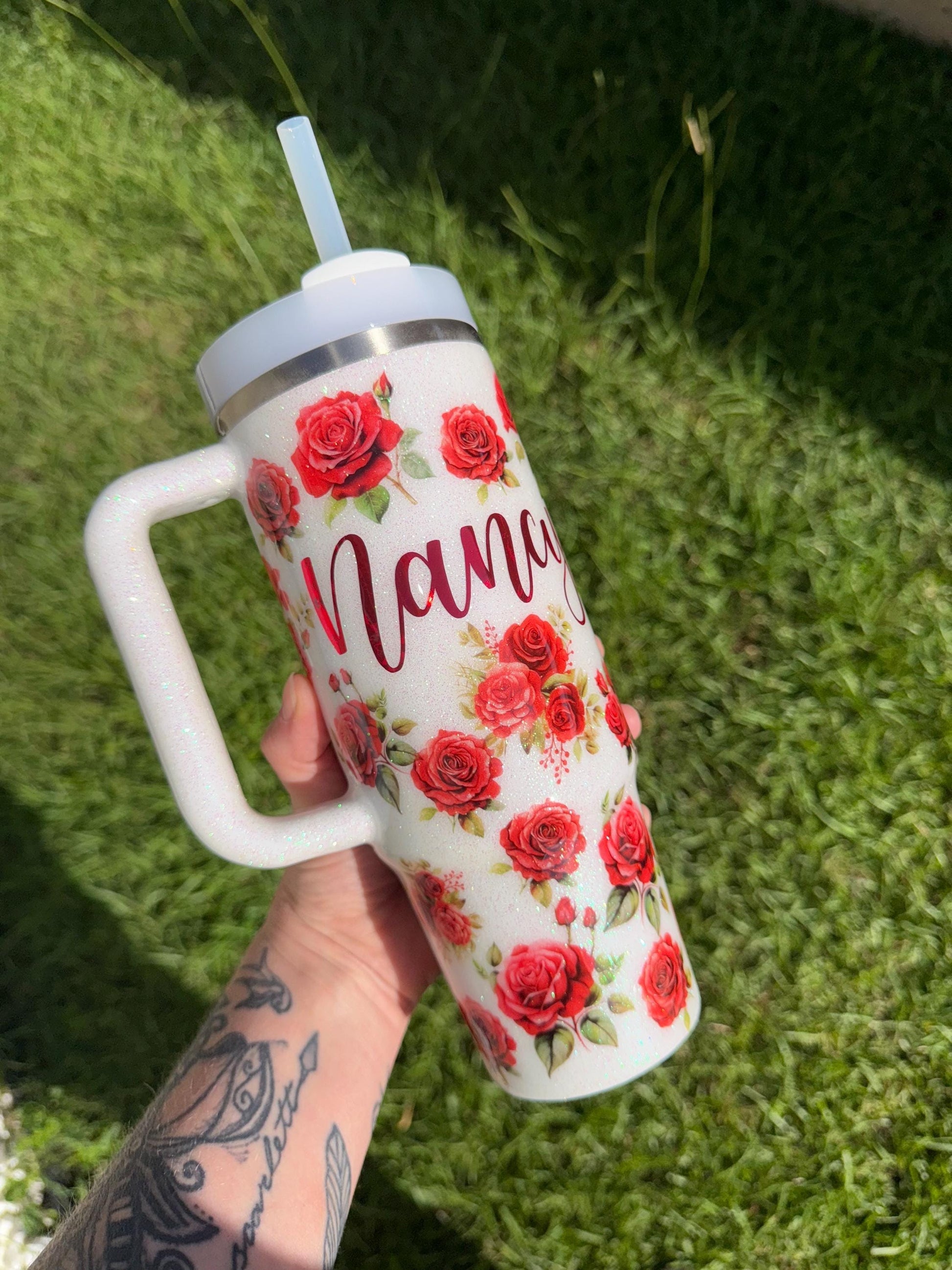 Custom Red Rose Stanley Tumbler 40oz: Personalized Floral Glitter Hydrojug
