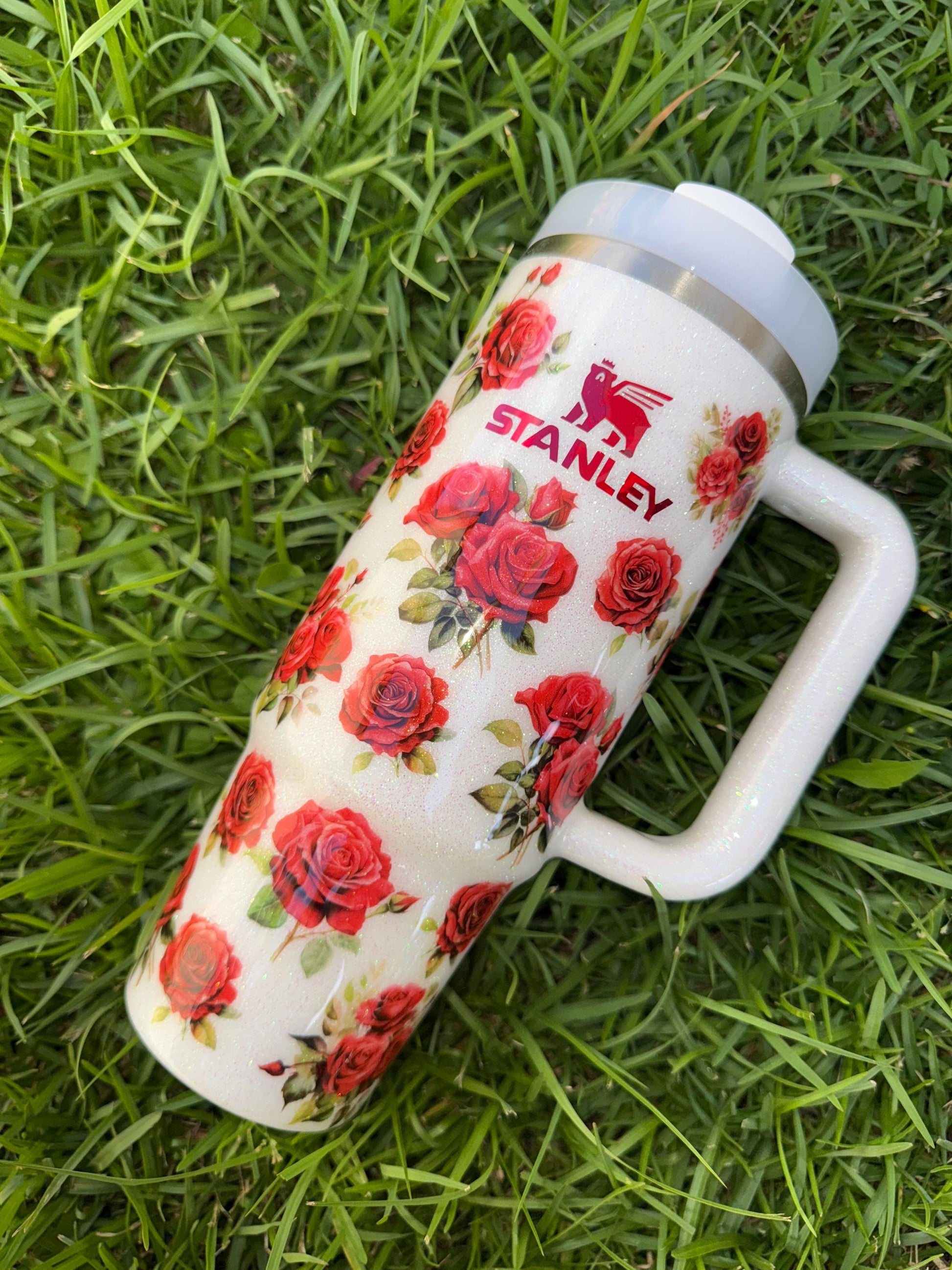 Custom Red Rose Stanley Tumbler 40oz: Personalized Floral Glitter Hydrojug