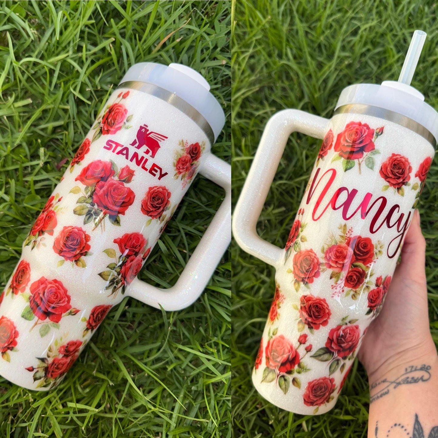 Custom Red Rose Stanley Tumbler 40oz: Personalized Floral Glitter Hydrojug