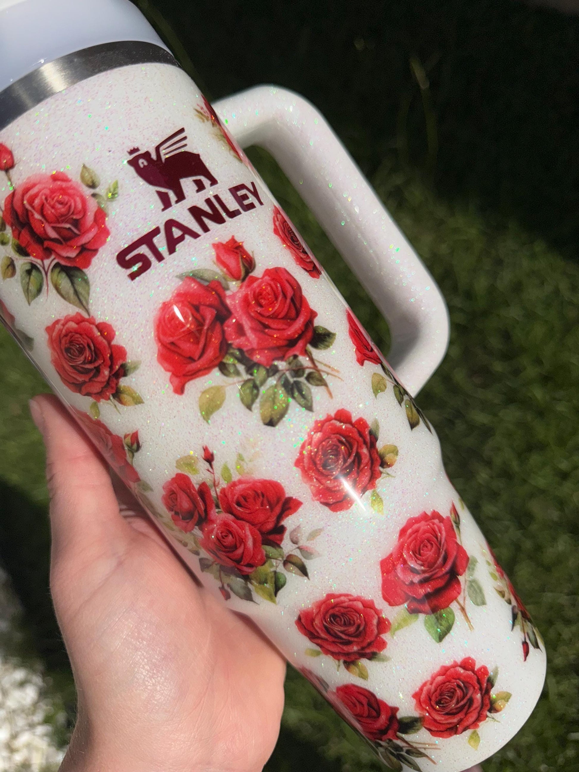 Custom Red Rose Stanley Tumbler 40oz: Personalized Floral Glitter Hydrojug