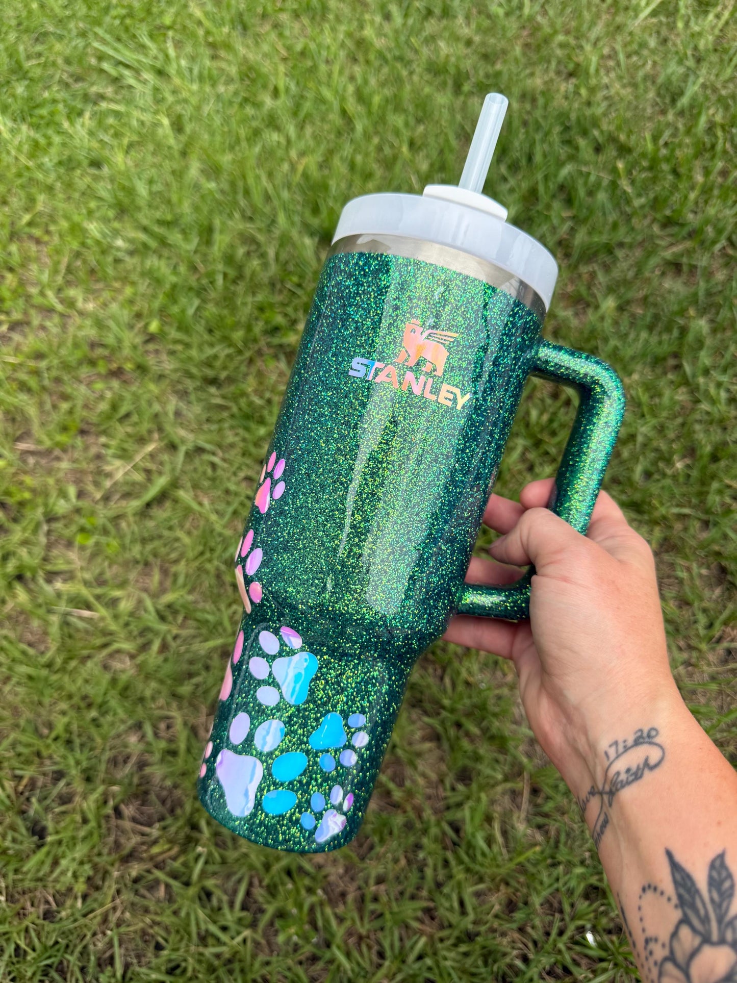 Green Holographic Glitter Paw Print Stanley Tumbler: Personalized Pet Lover Gift 40oz