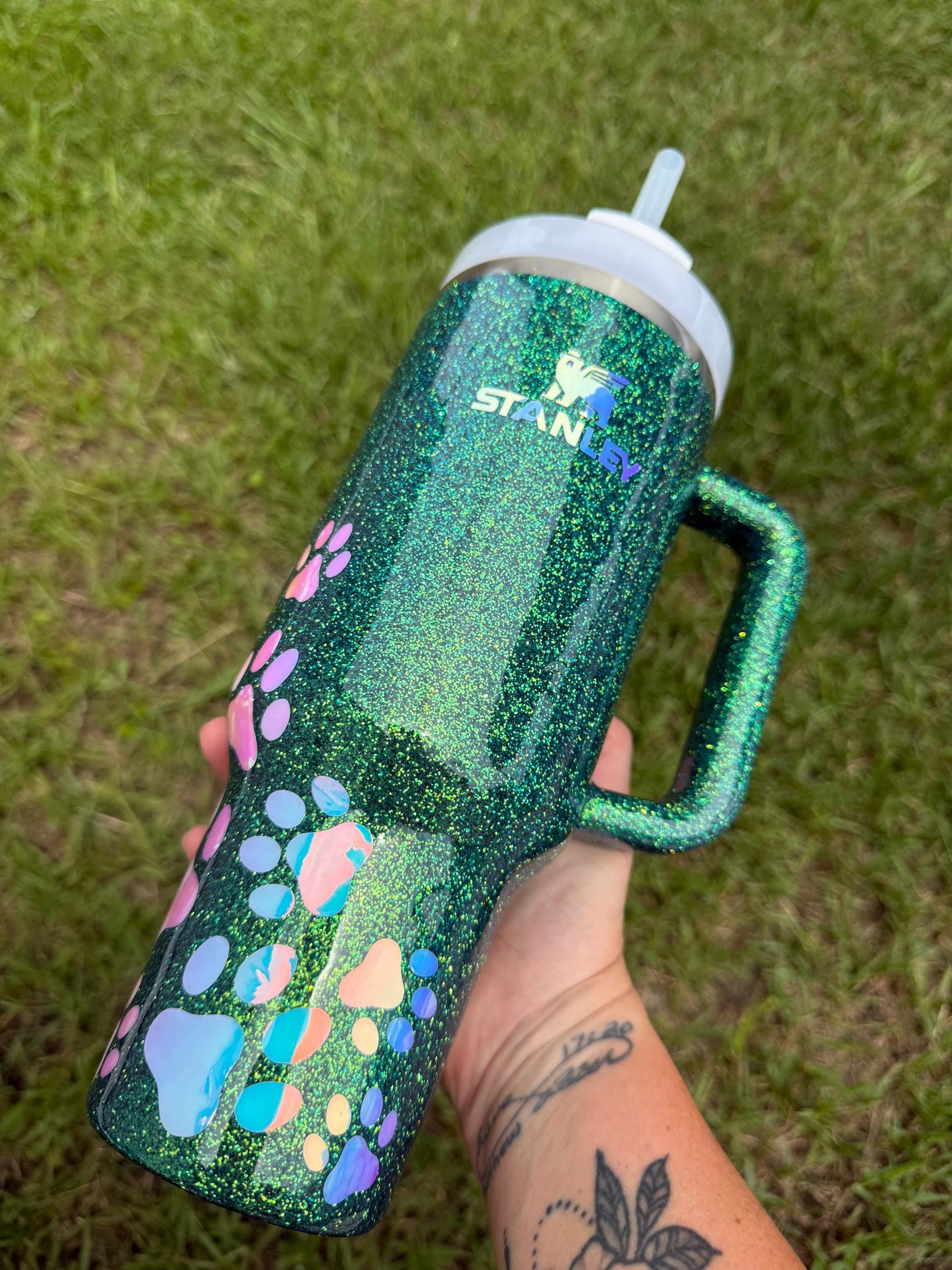 Green Holographic Glitter Paw Print Stanley Tumbler: Personalized Pet Lover Gift 40oz