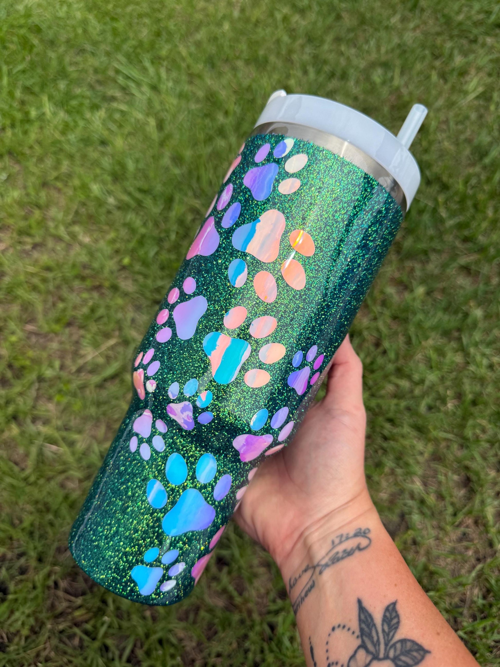 Green Holographic Glitter Paw Print Stanley Tumbler: Personalized Pet Lover Gift 40oz
