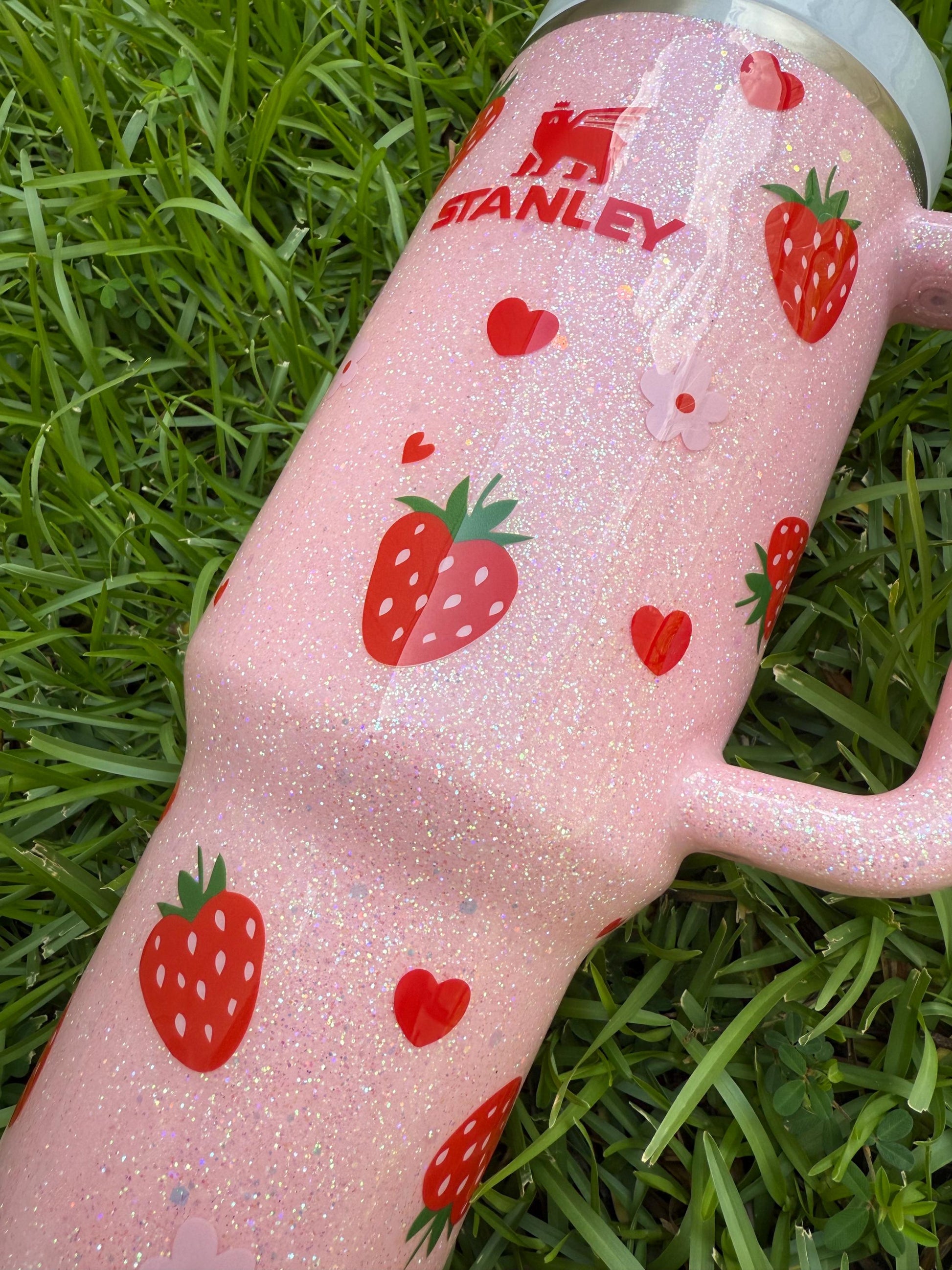 Pink Heart Strawberry Stanley Tumbler: Glitter Personalized Cup