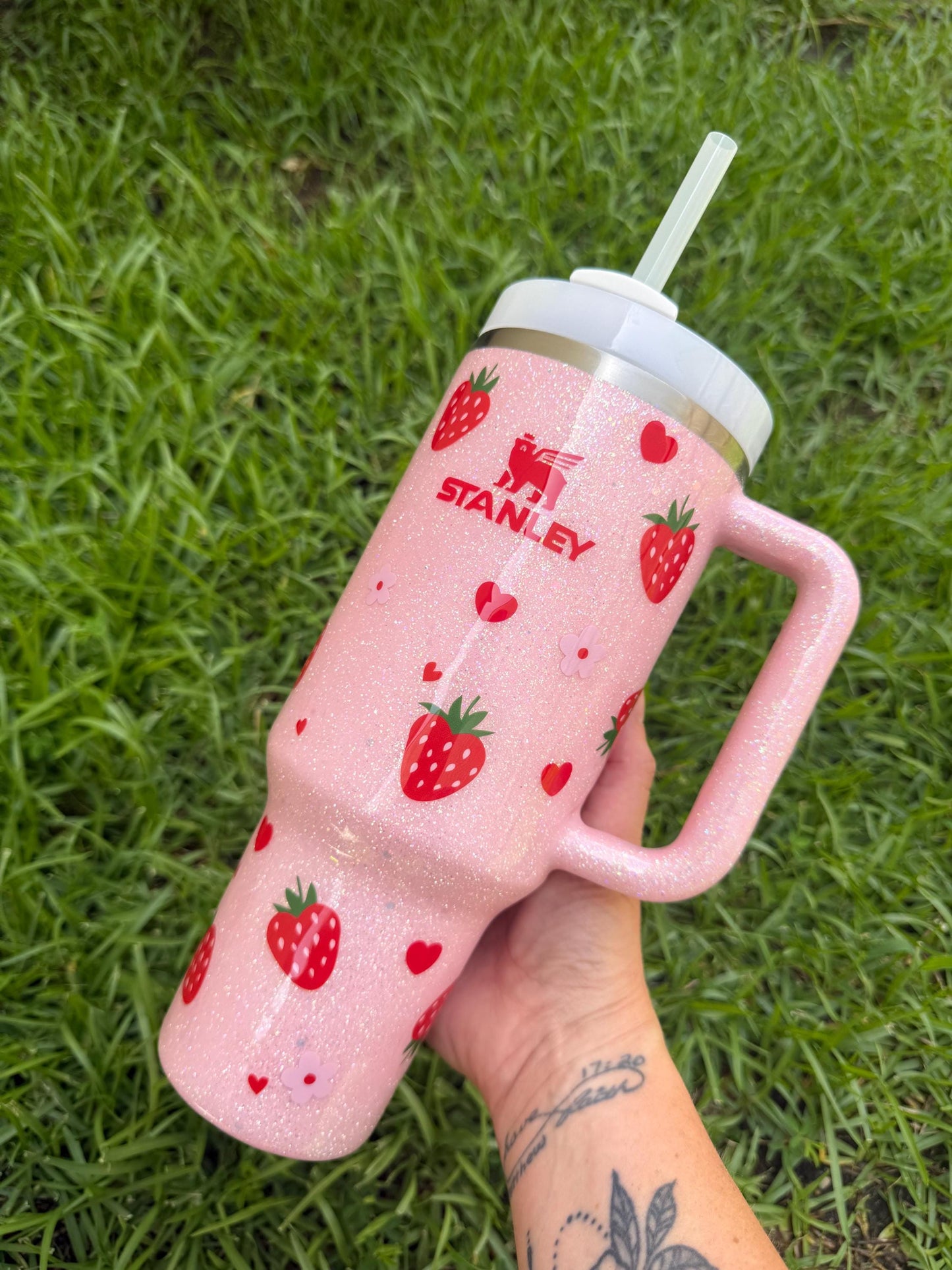 Pink Heart Strawberry Stanley Tumbler: Glitter Personalized Cup