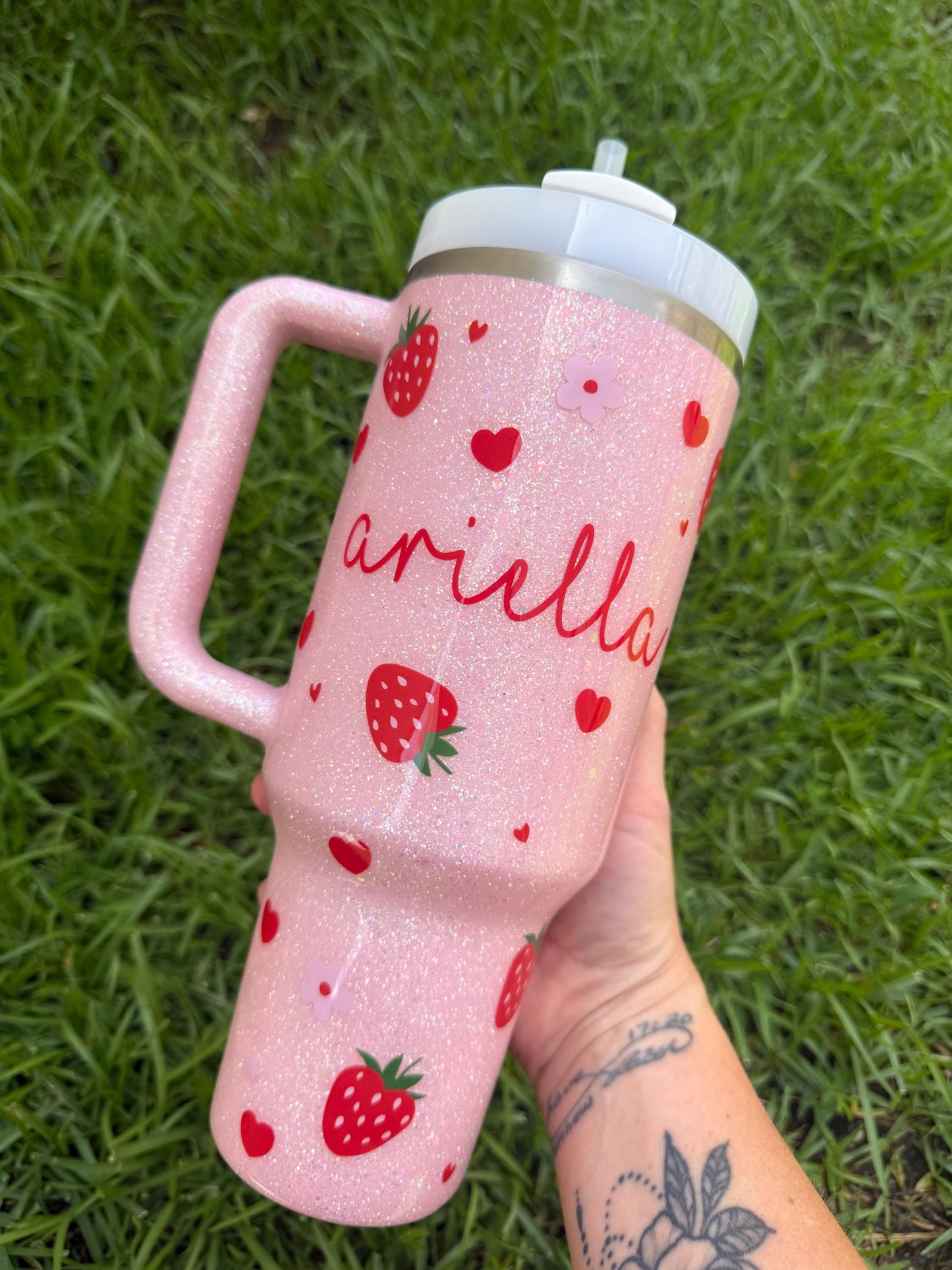Pink Heart Strawberry Stanley Tumbler: Glitter Personalized Cup