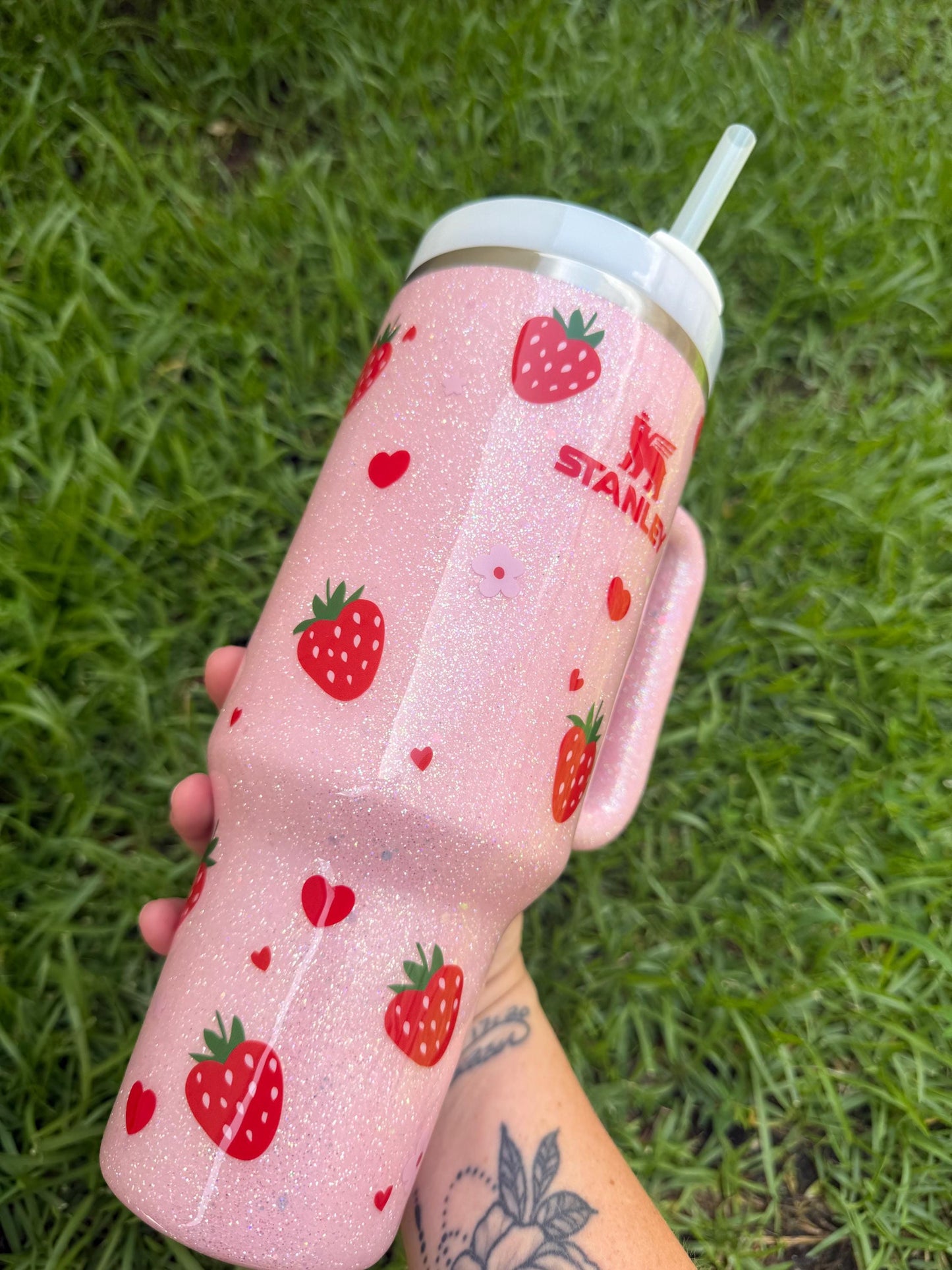 Pink Heart Strawberry Stanley Tumbler: Glitter Personalized Cup