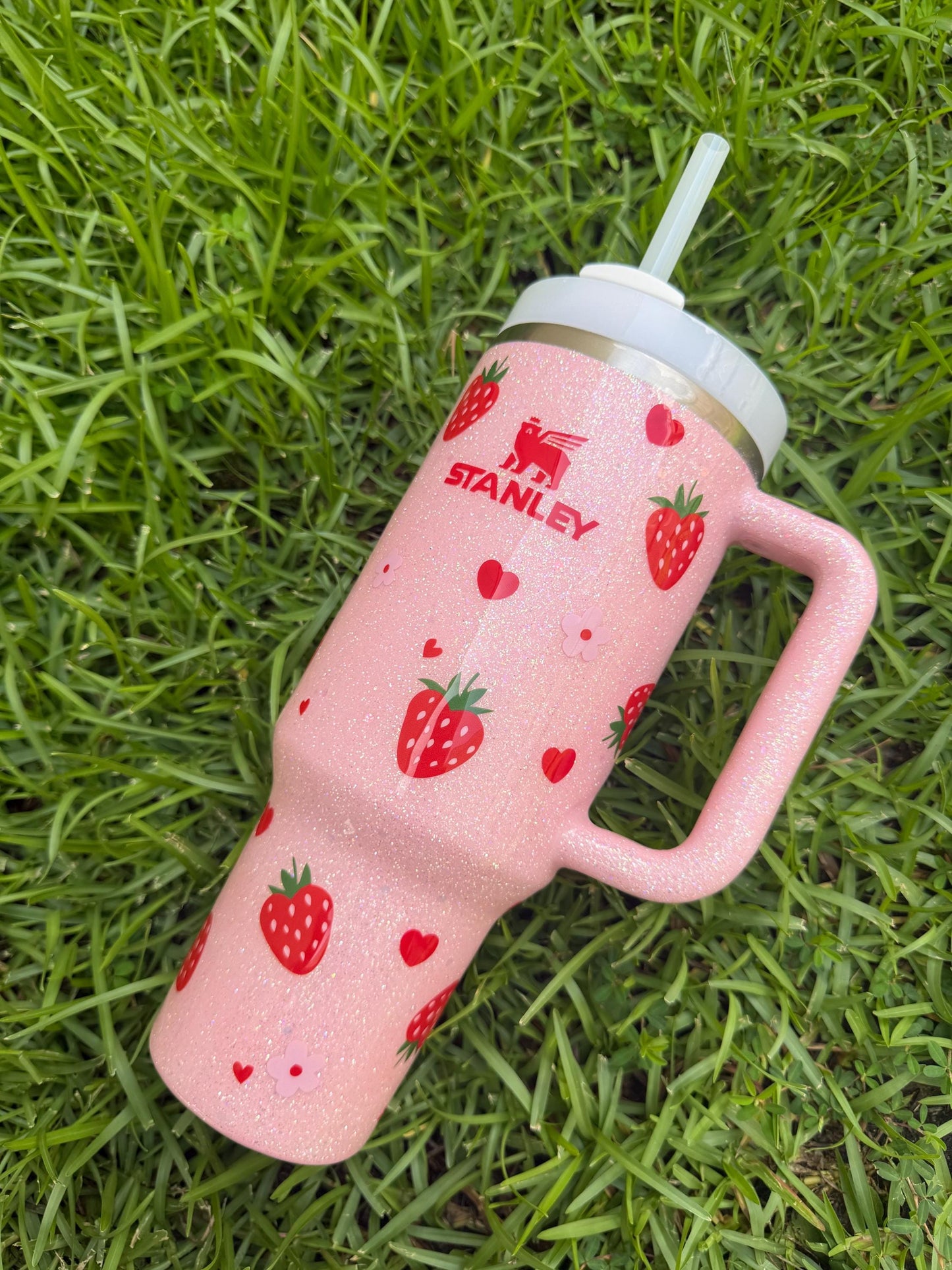 Pink Heart Strawberry Stanley Tumbler: Glitter Personalized Cup