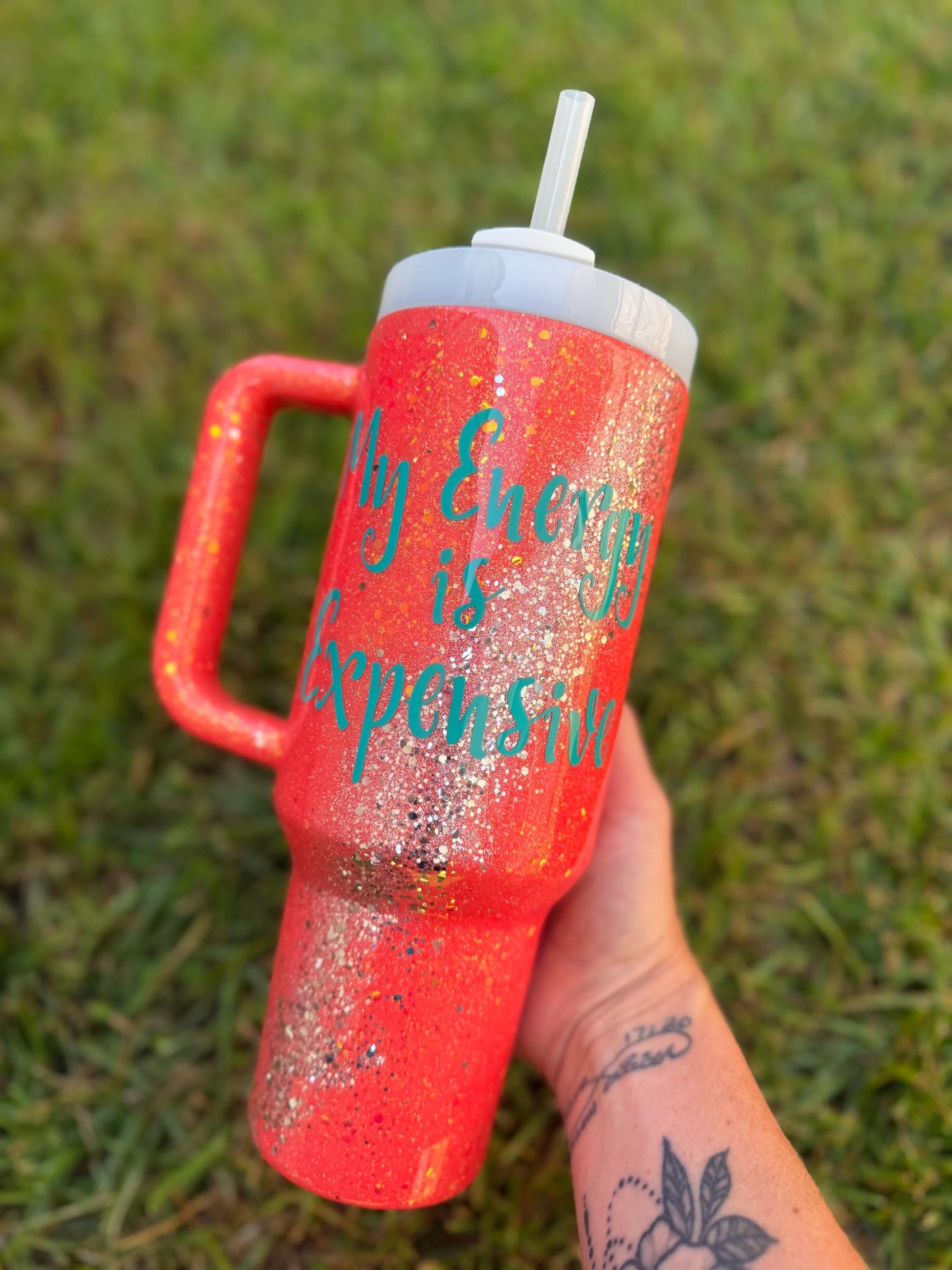 Sparkle Stanley Tumbler: Coral and Silver Glitter, Personalized My energy is Expensive Era