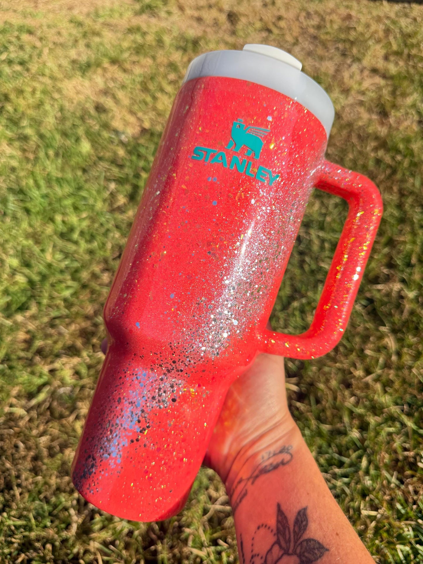 Sparkle Stanley Tumbler: Coral and Silver Glitter, Personalized My energy is Expensive Era