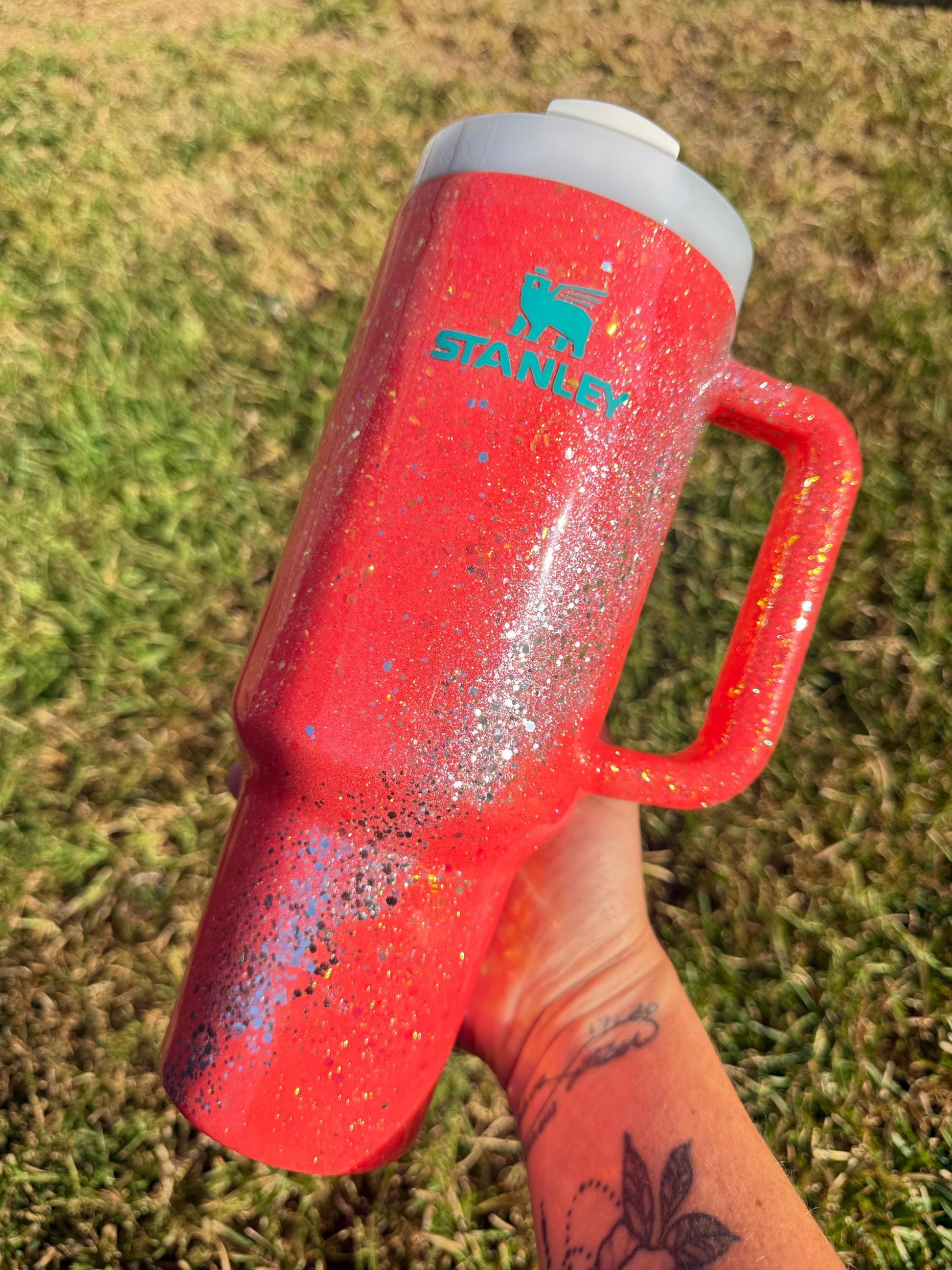 Sparkle Stanley Tumbler: Coral and Silver Glitter, Personalized My energy is Expensive Era