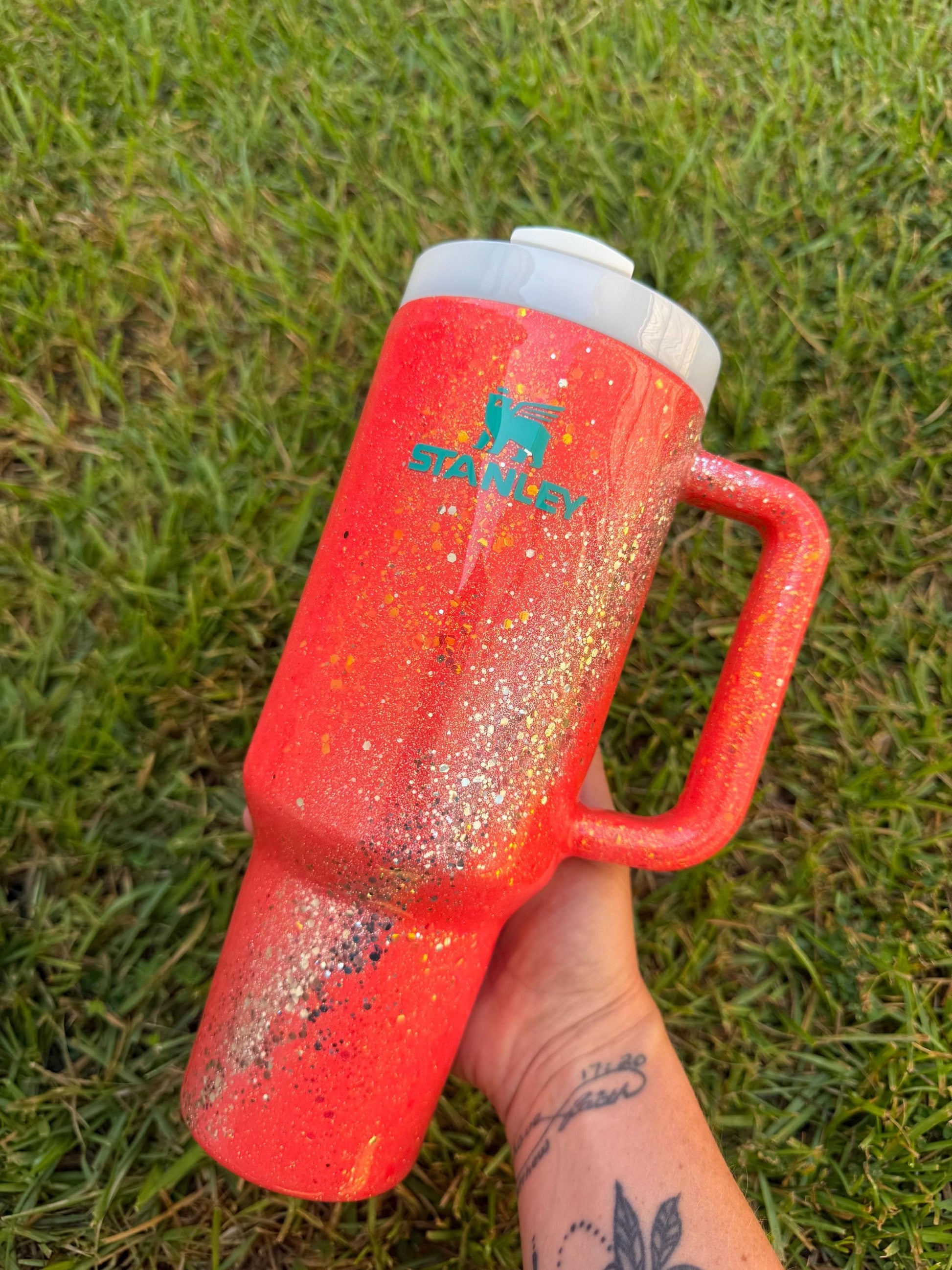 Sparkle Stanley Tumbler: Coral and Silver Glitter, Personalized My energy is Expensive Era
