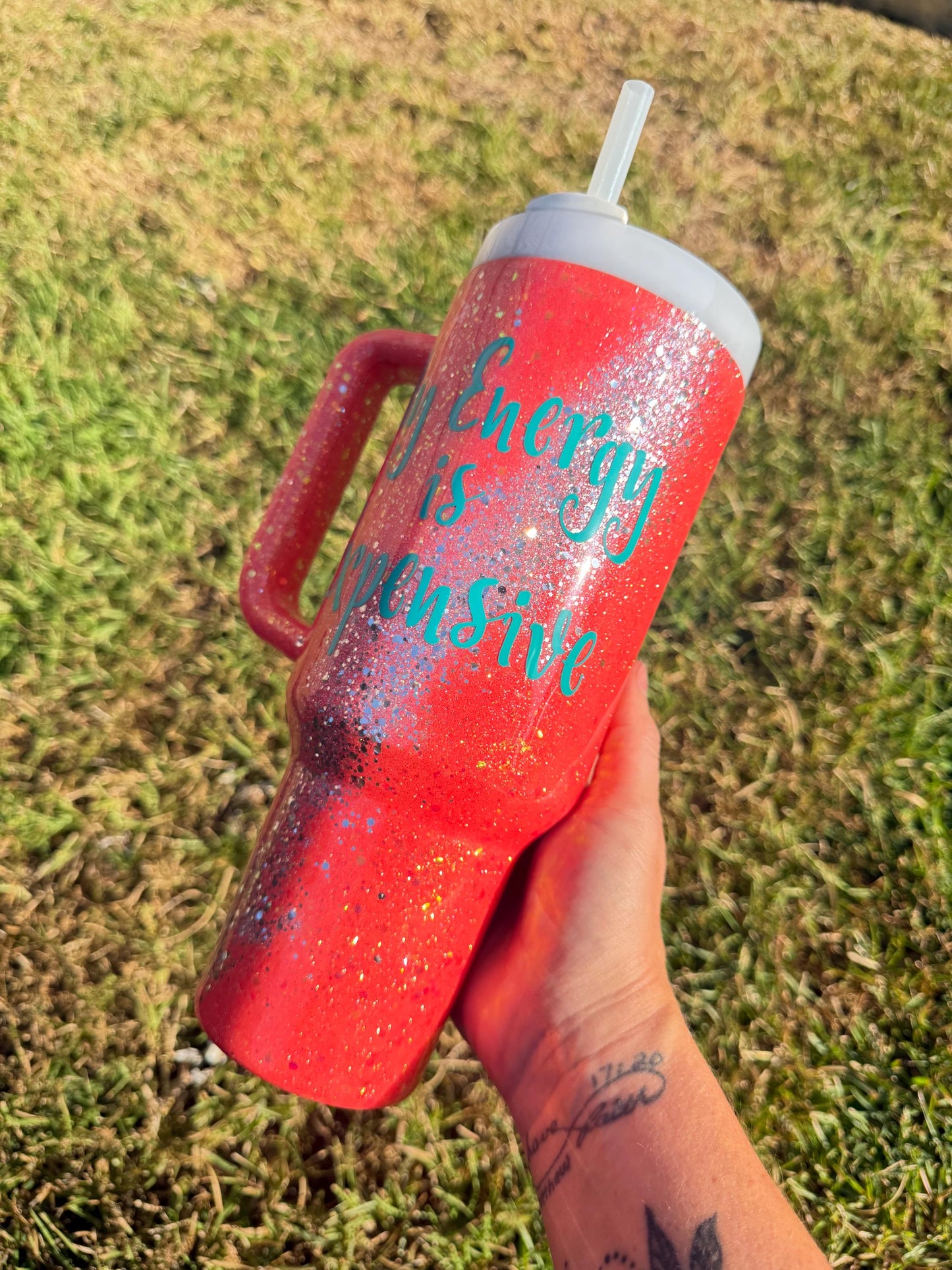 Sparkle Stanley Tumbler: Coral and Silver Glitter, Personalized My energy is Expensive Era