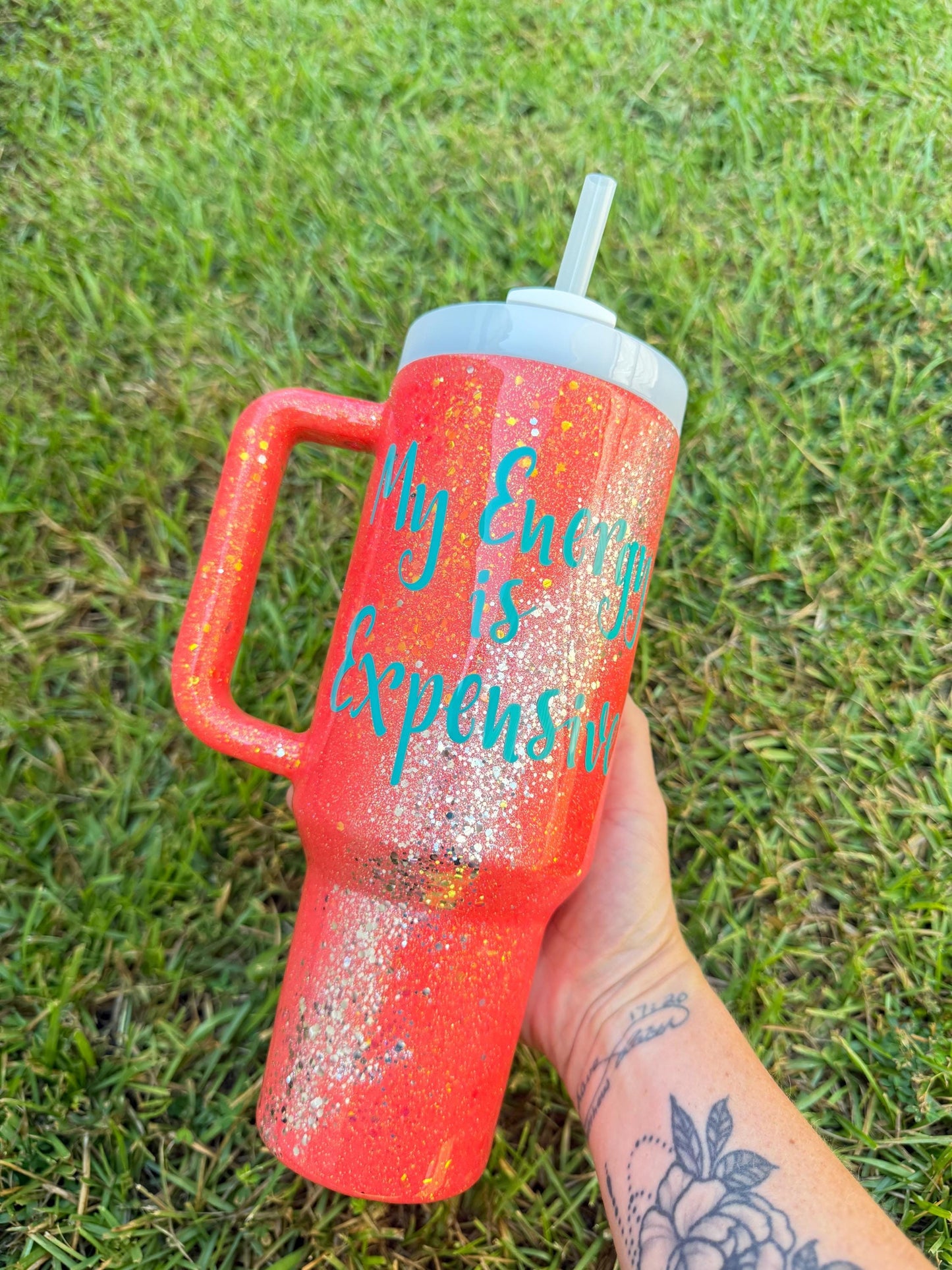 Sparkle Stanley Tumbler: Coral and Silver Glitter, Personalized My energy is Expensive Era