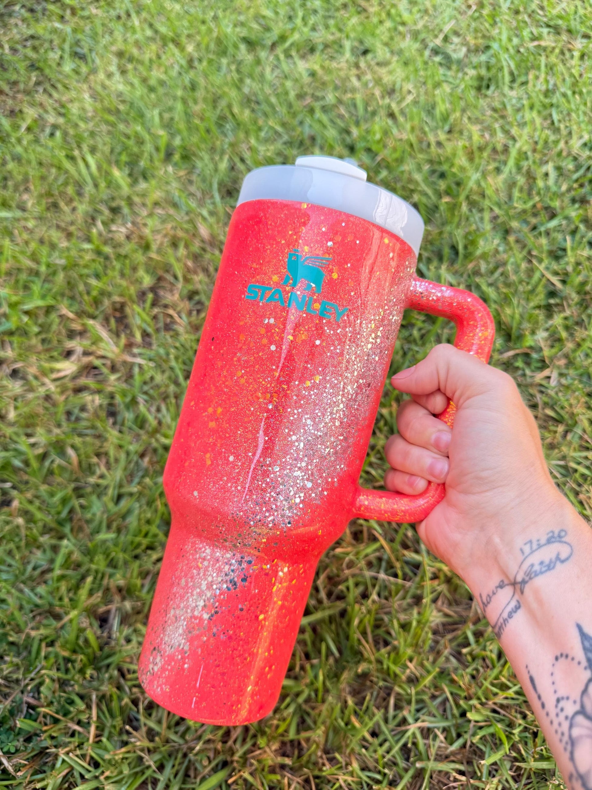 Sparkle Stanley Tumbler: Coral and Silver Glitter, Personalized My energy is Expensive Era