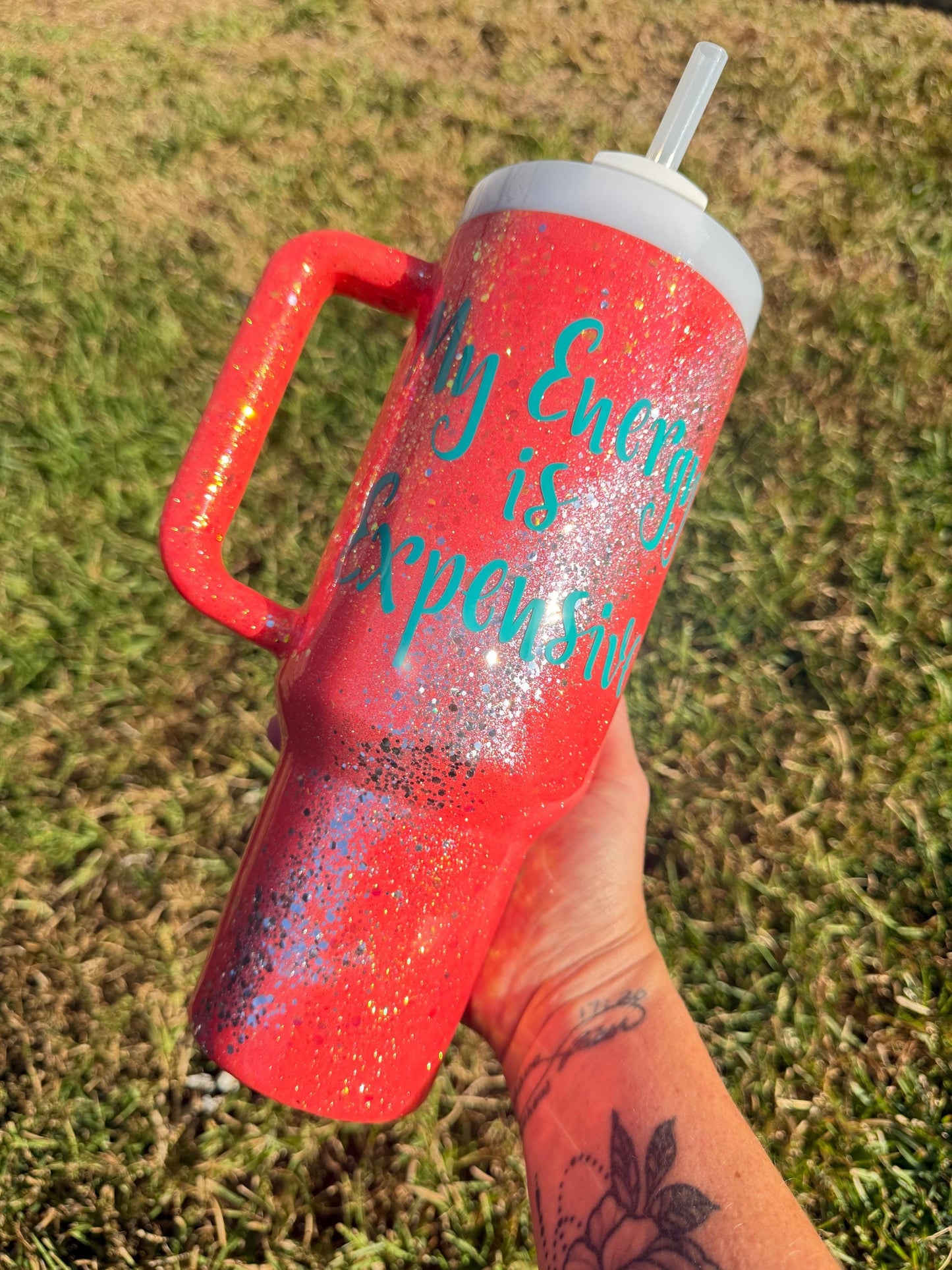 Sparkle Stanley Tumbler: Coral and Silver Glitter, Personalized My energy is Expensive Era