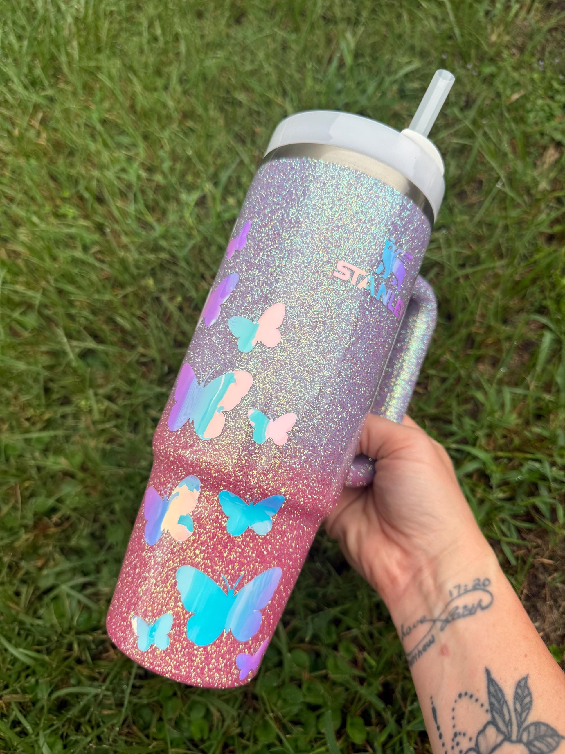 Holographic Glitter Butterfly Stanley Tumbler: Butterfly Mom, Sister, Aunt Gift