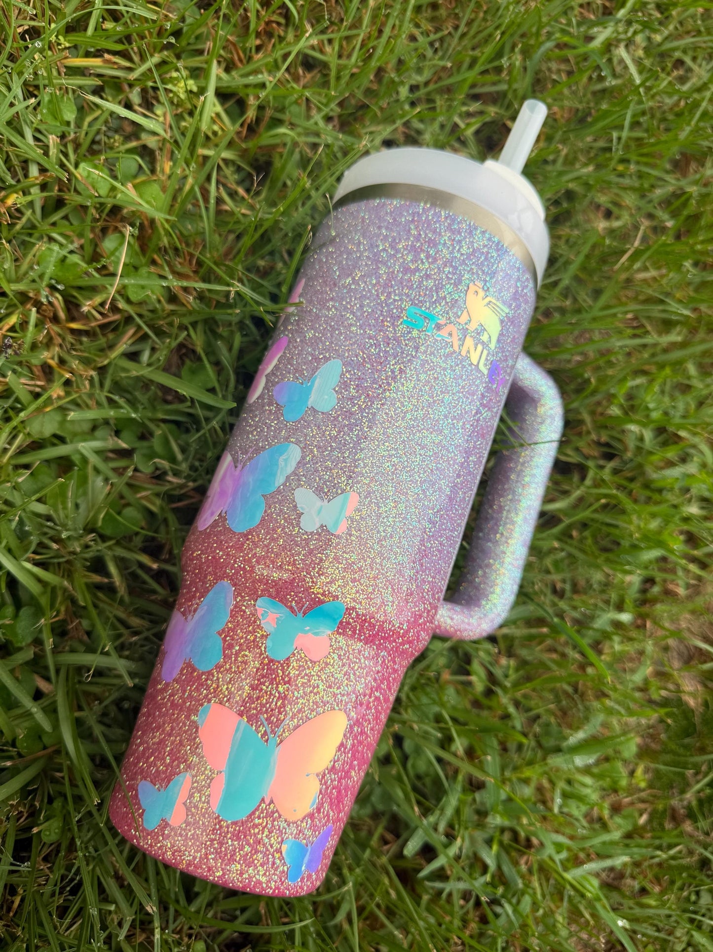 Holographic Glitter Butterfly Stanley Tumbler: Butterfly Mom, Sister, Aunt Gift