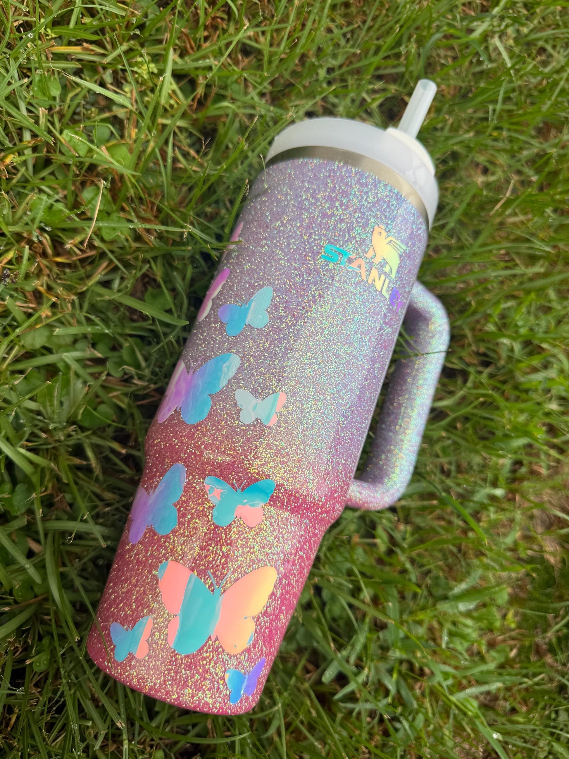 Holographic Glitter Butterfly Stanley Tumbler: Butterfly Mom, Sister, Aunt Gift