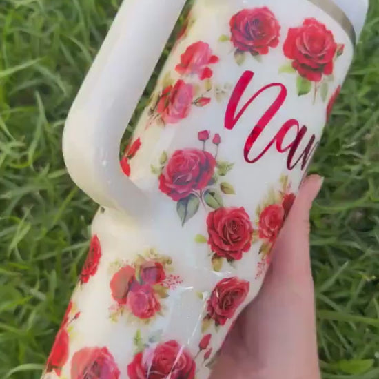 Custom Red Rose Stanley Tumbler 40oz: Personalized Floral Glitter Hydrojug