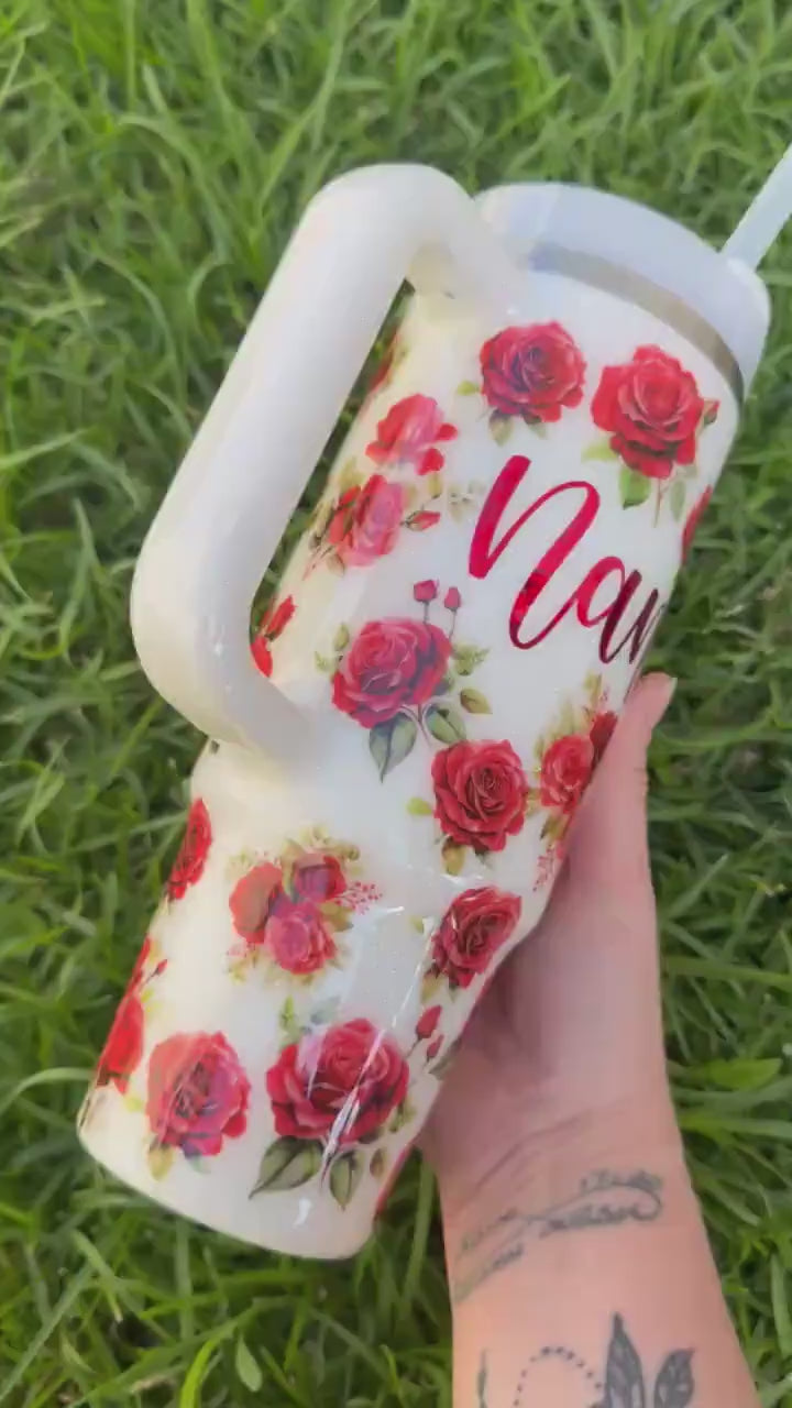 Custom Red Rose Stanley Tumbler 40oz: Personalized Floral Glitter Hydrojug