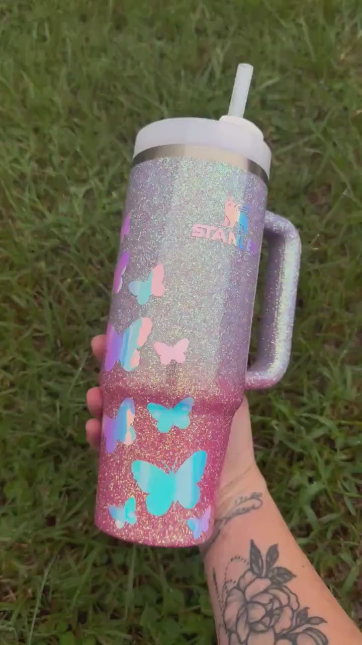 Holographic Glitter Butterfly Stanley Tumbler: Butterfly Mom, Sister, Aunt Gift