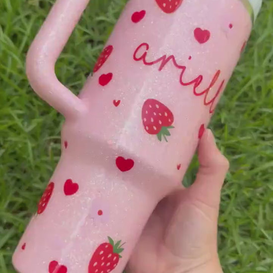 Pink Heart Strawberry Stanley Tumbler: Glitter Personalized Cup
