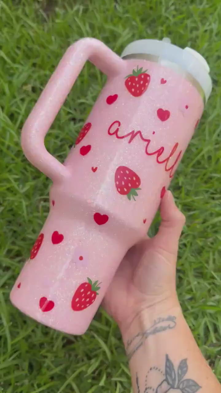 Pink Heart Strawberry Stanley Tumbler: Glitter Personalized Cup