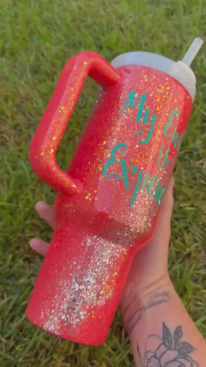 Sparkle Stanley Tumbler: Coral and Silver Glitter, Personalized My energy is Expensive Era