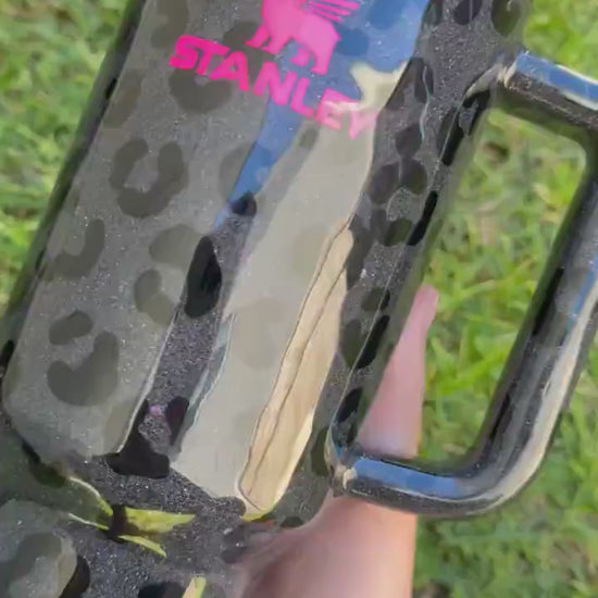 Customized Stanley Tumbler: Black Leopard Holographic Glitter, Personalized Gift