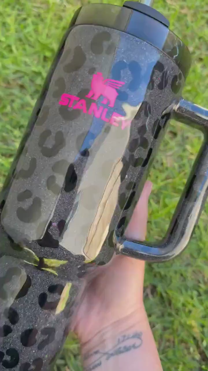 Customized Stanley Tumbler: Black Leopard Holographic Glitter, Personalized Gift