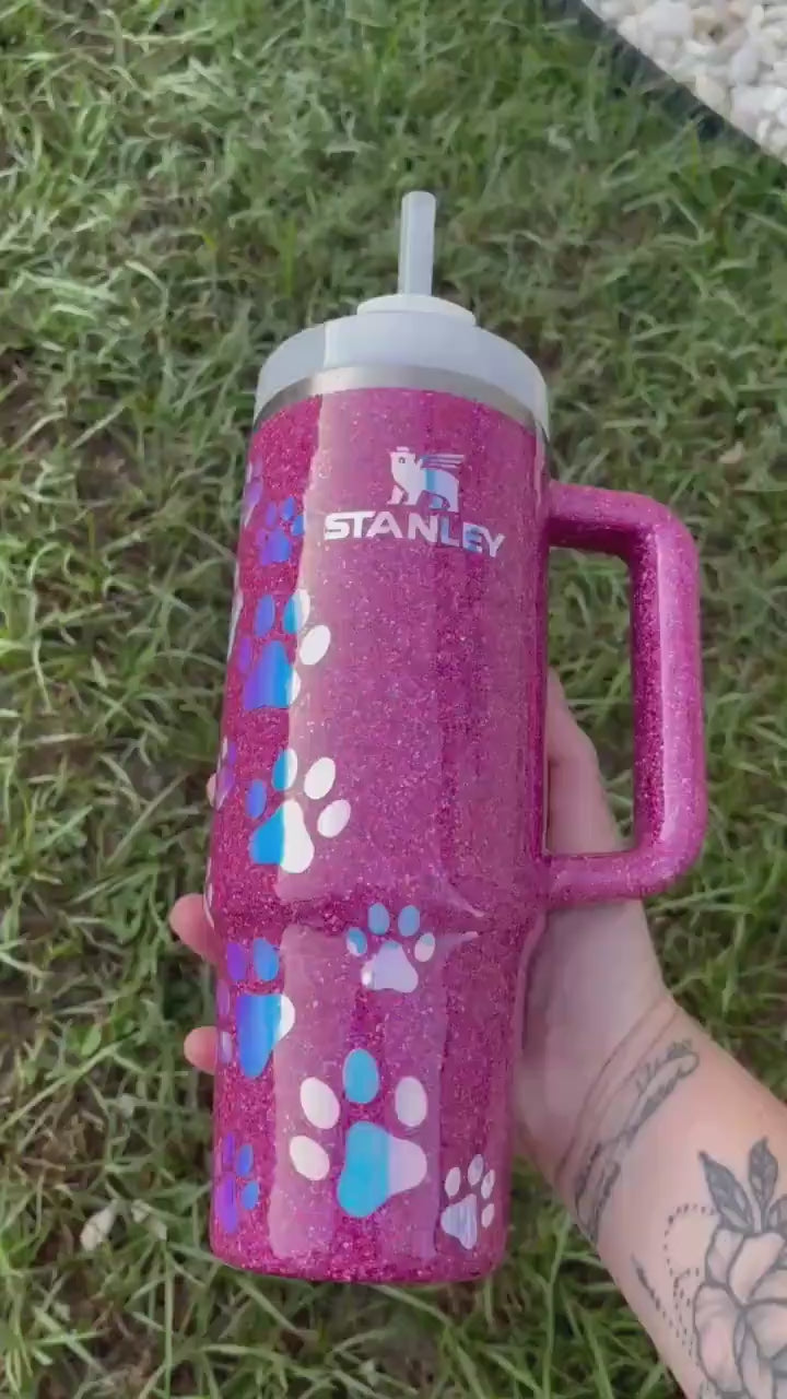 Holographic Glitter Paw Print Stanley Tumbler 40oz - Personalized Pet Gift