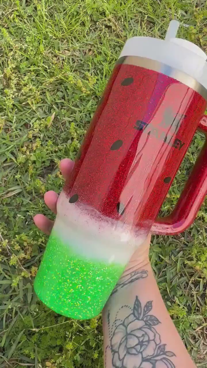 Personalized Watermelon Stanley Tumbler 40oz: Red Glitter Stainless Steel