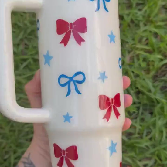 Custom Glitter Stanley Tumbler: Patriotic Bows, Personalized American Flag
