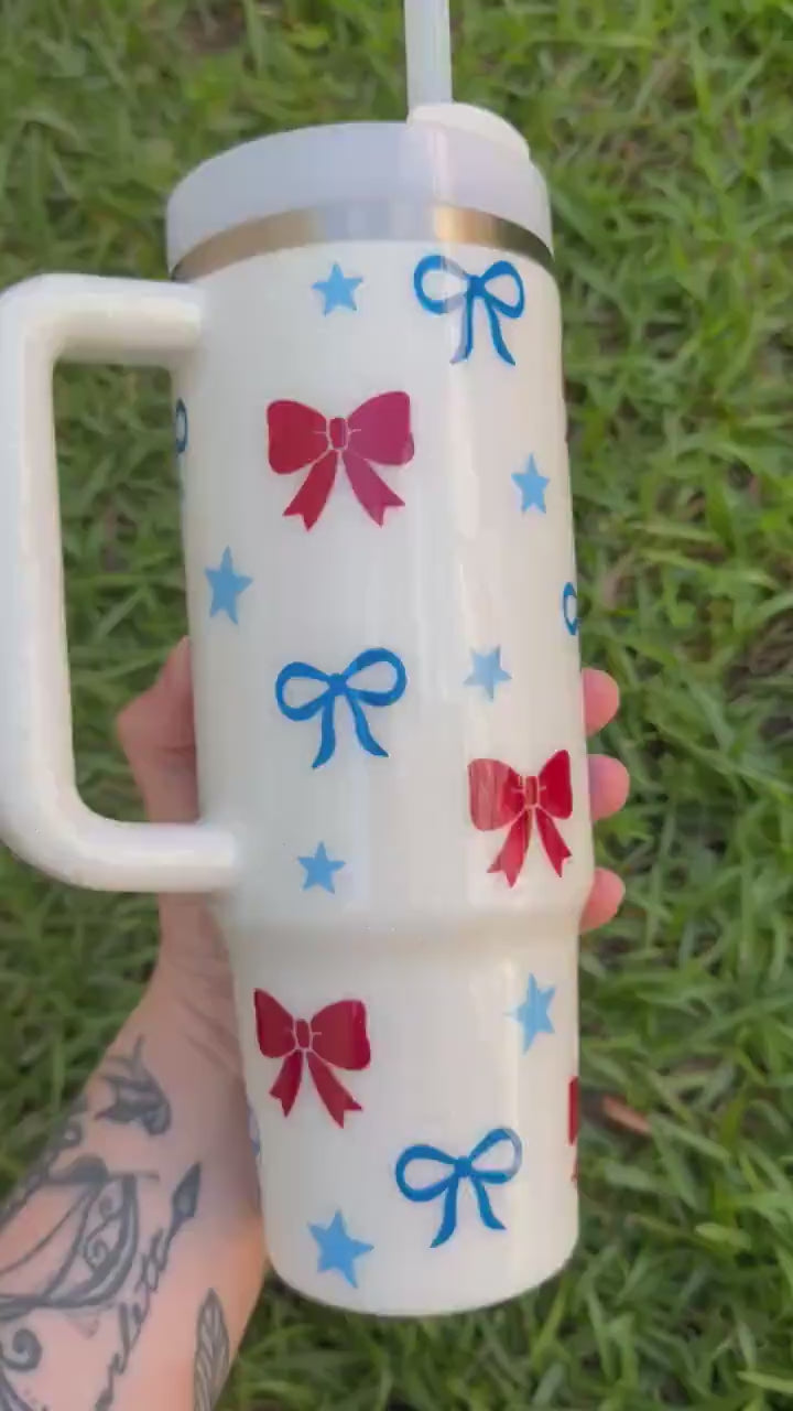 Custom Glitter Stanley Tumbler: Patriotic Bows, Personalized American Flag